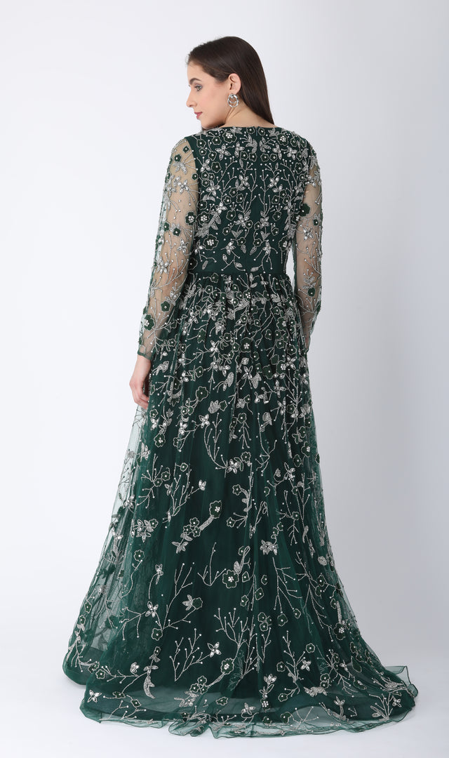 Beaded Aline Dress Dark Green