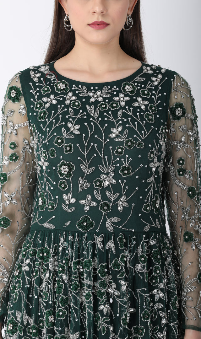 Beaded Aline Dress Dark Green