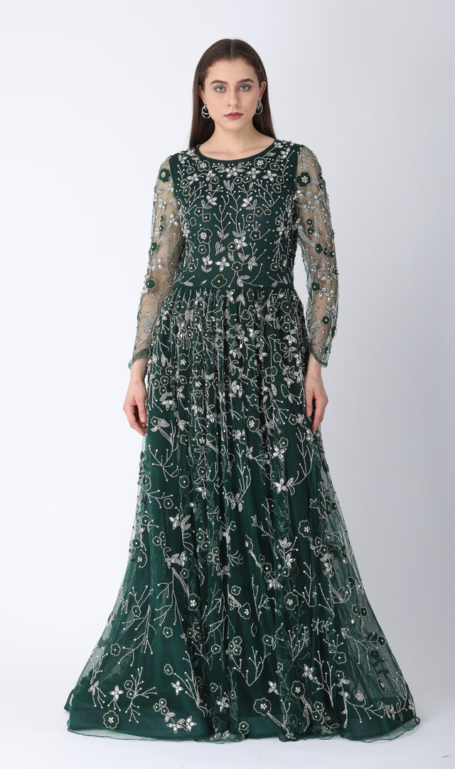 Beaded Aline Dress Dark Green