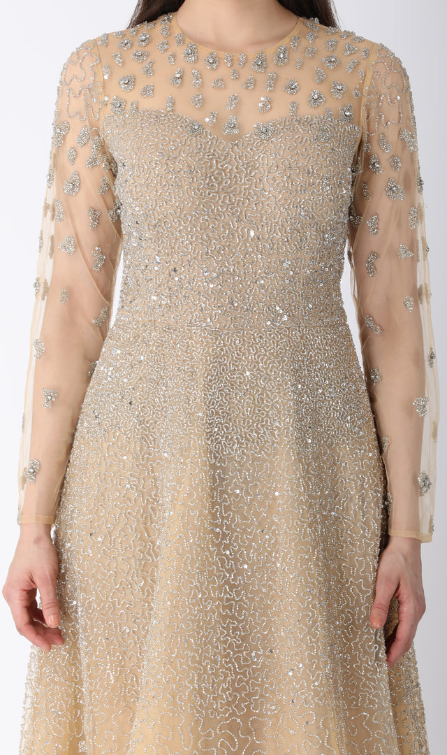 Beaded Aline Dress Beige